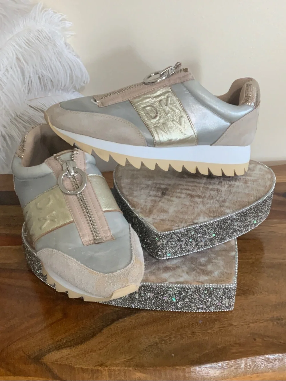 DKNY Metallic Taupe, Gold & Silver Platform Sneakers